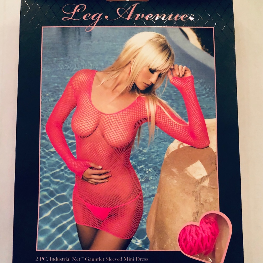 Leg Avenue 2 PC Net Sleeve Mini Dress Pink Gstring